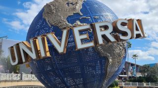 A close up of the entrance logo globe at Universal Studios Florida. 