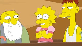 Lisa Simpsons happy between Cletus and Jasper on The Simpsons